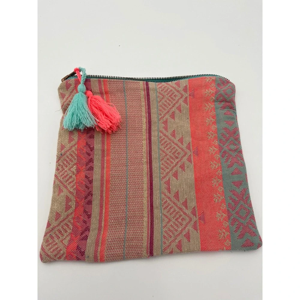 Judith March Woven Tribal Makeup Bag Pink Coral Tassel Zipper Pouch Clutch